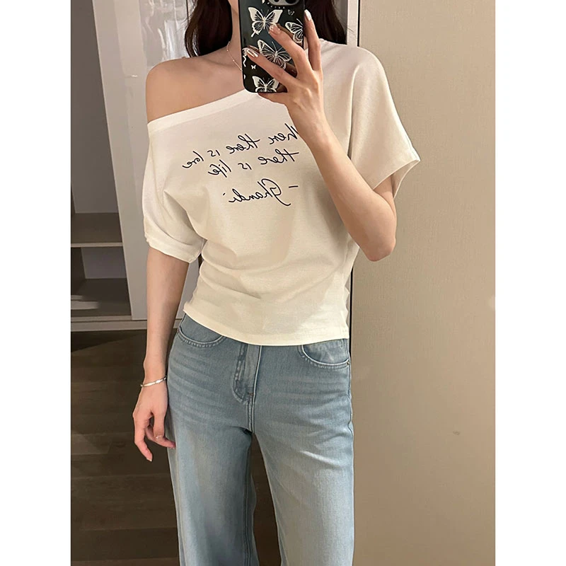 字母绑带针织印花辣妹风休闲风字母短袖T恤宽松百搭ins显瘦高腰