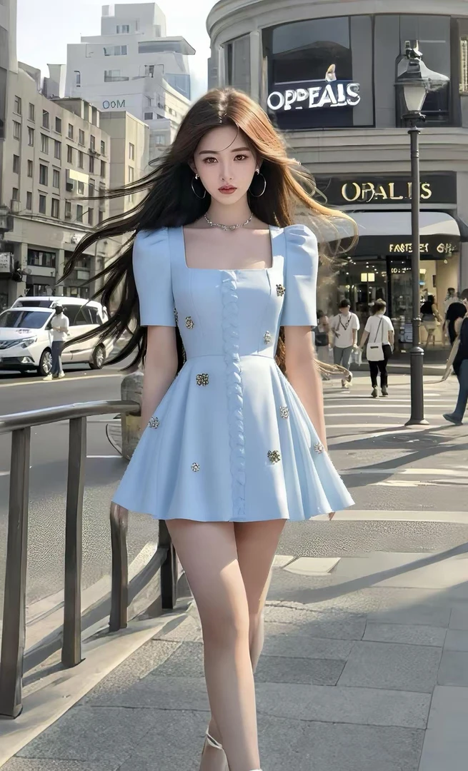 夏季新款2025知性温柔风蓝色方领收腰轻奢优雅高级氛围感连衣裙