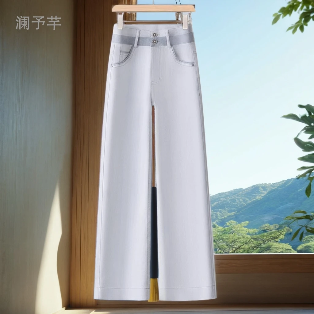 2025夏莫兰迪灰窄版阔腿高腰显瘦九分直筒宽松垂感女装牛仔裤