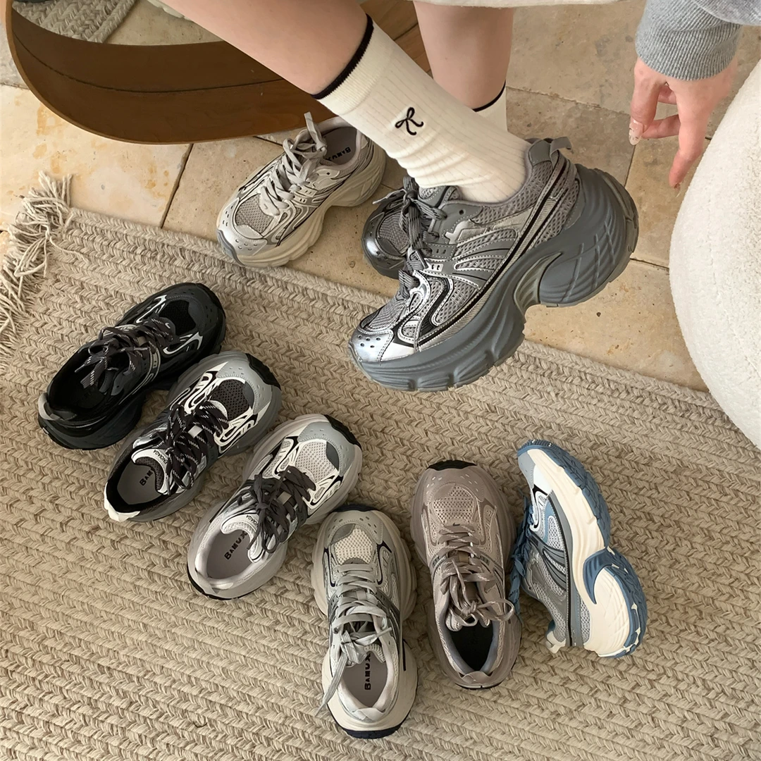 增高6CM~复古黑银老爹鞋女春季软厚底增高轻便百搭休闲运动跑步鞋