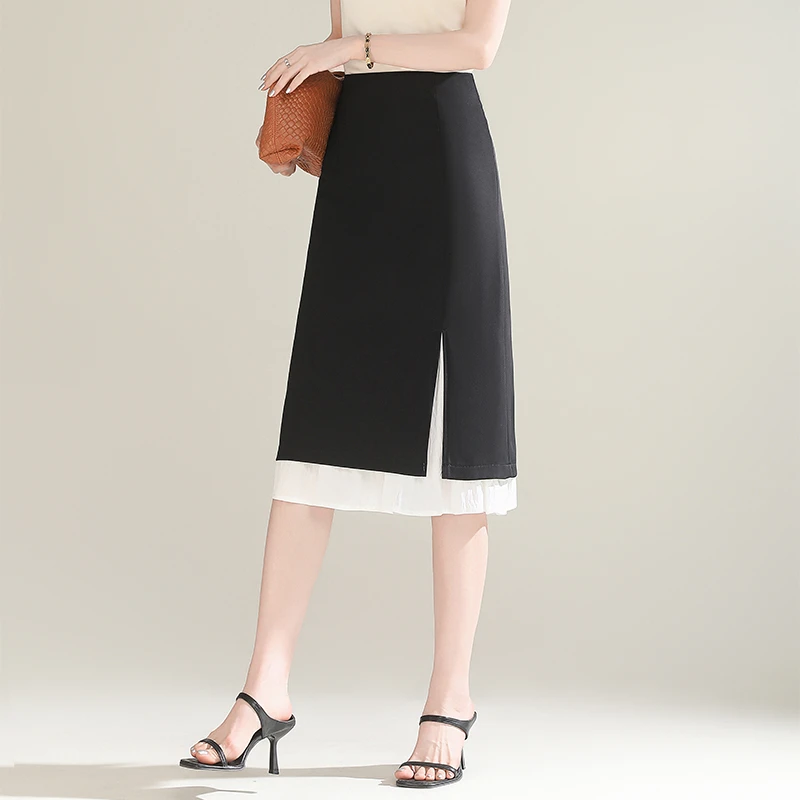 洋气半身裙女夏季新款高腰修身包臀裙开叉时尚拼接黑白直筒一步裙