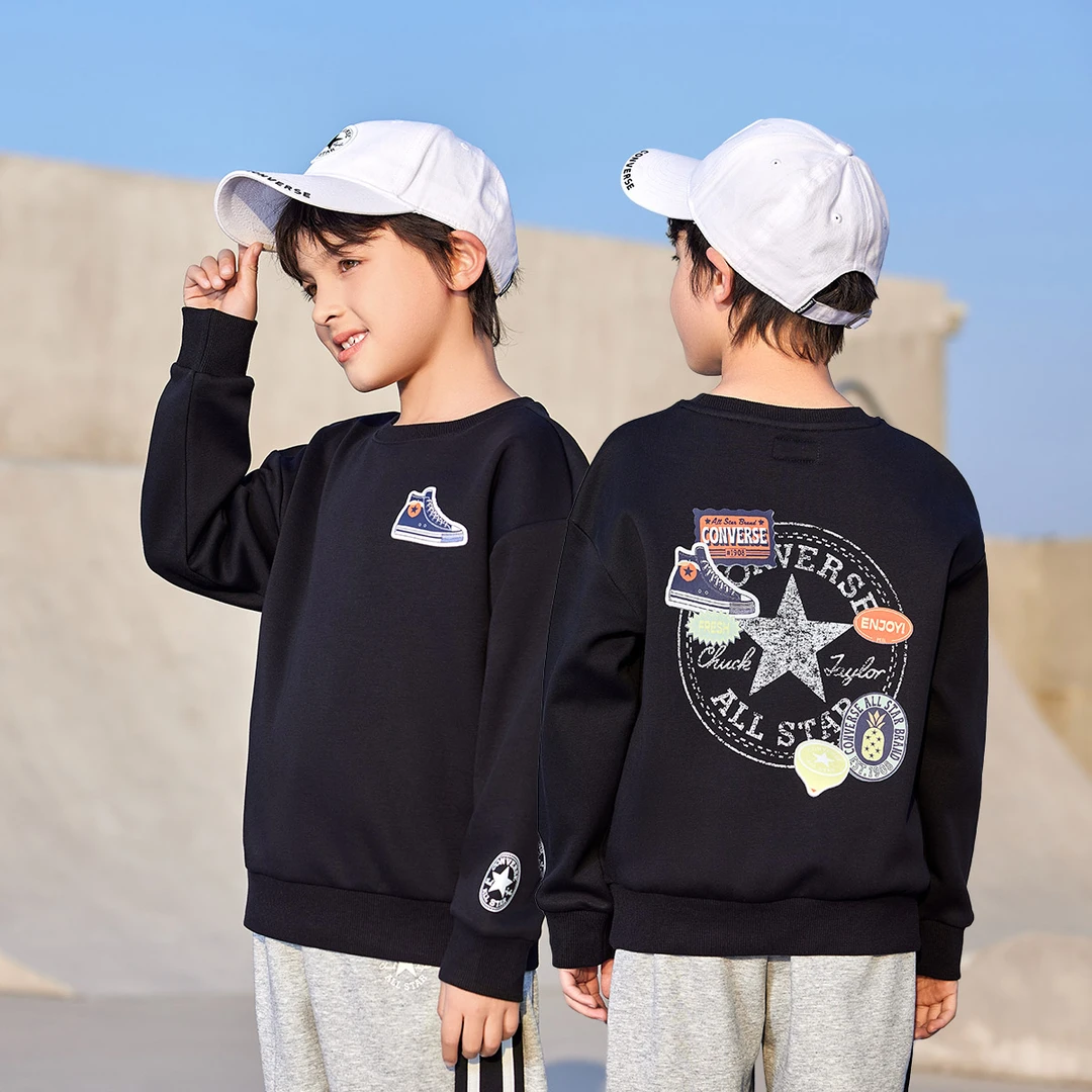 Converse男女童装春季欧若风圆领加绒不加绒拼接款卫衣H835-H834