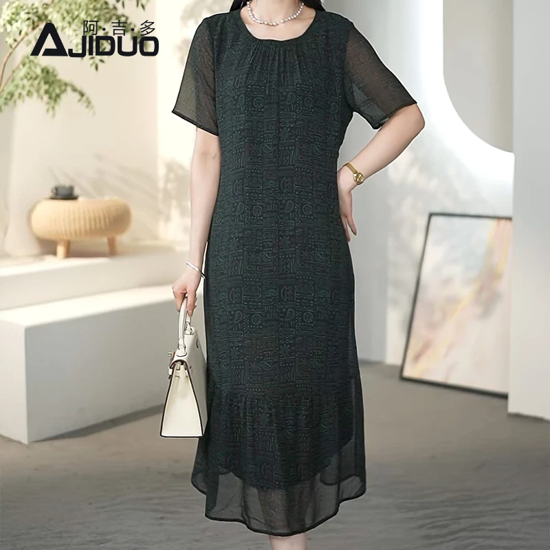 A32172阿吉多气质印花连衣裙女夏季新款洋气妈妈长裙大码时尚裙子