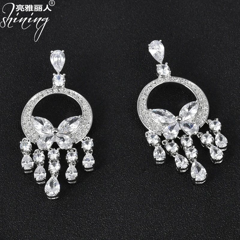 合金耳饰 欧美夏季个性夸张百搭耳饰耳环蝴蝶锆流苏耳环新娘长款