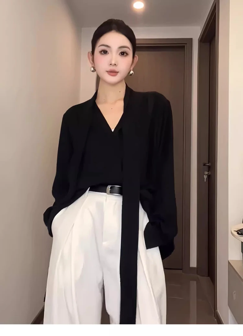 法式v领飘带长袖黑色衬衫女早秋宽松显瘦薄款衬衣设计感显瘦上衣