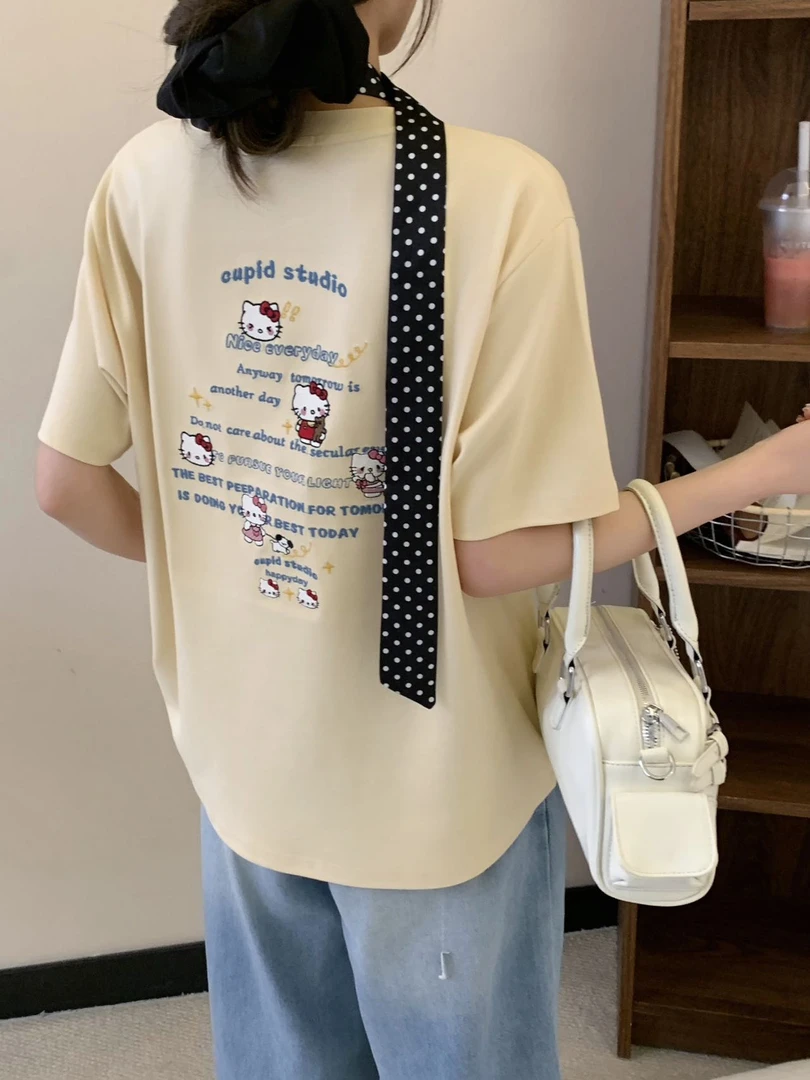 程程甄选「字母Kt猫」 韩系重工刺绣百搭休闲体恤5033