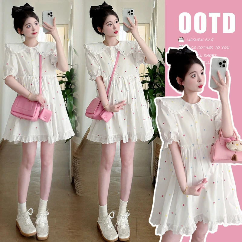 孕妇时尚爱心刺绣娃娃裙碎花可爱连衣裙小个子夏季短裙甜美娃娃领