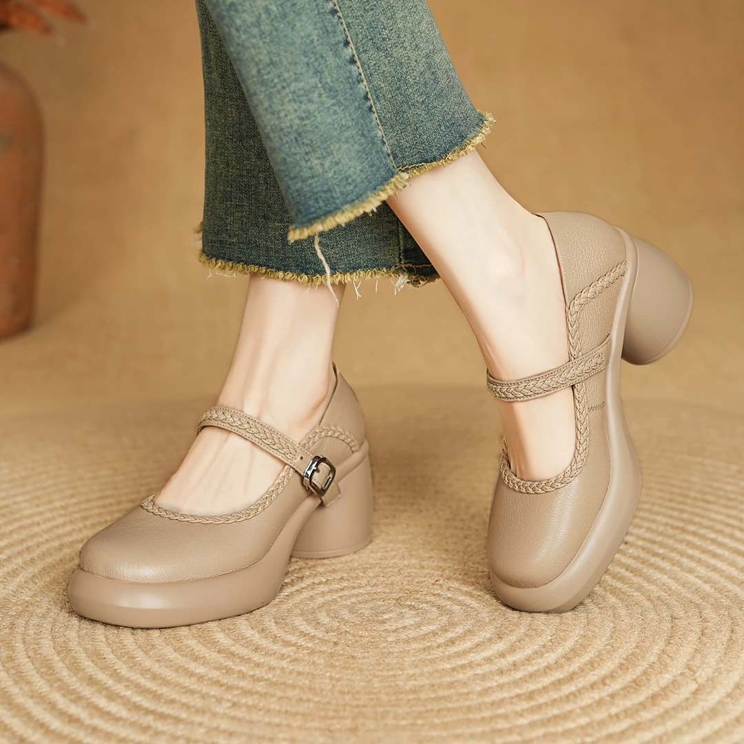 牛皮7.5厘米 34-40 百搭软底复古粗跟厚底包头一字带玛丽珍单鞋