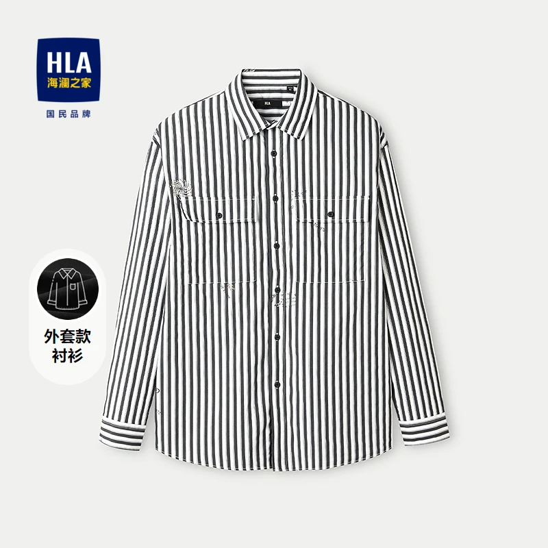 HLA/海澜之家宽松条纹外套款长袖时尚衬衫休闲透气简约休闲衬衣