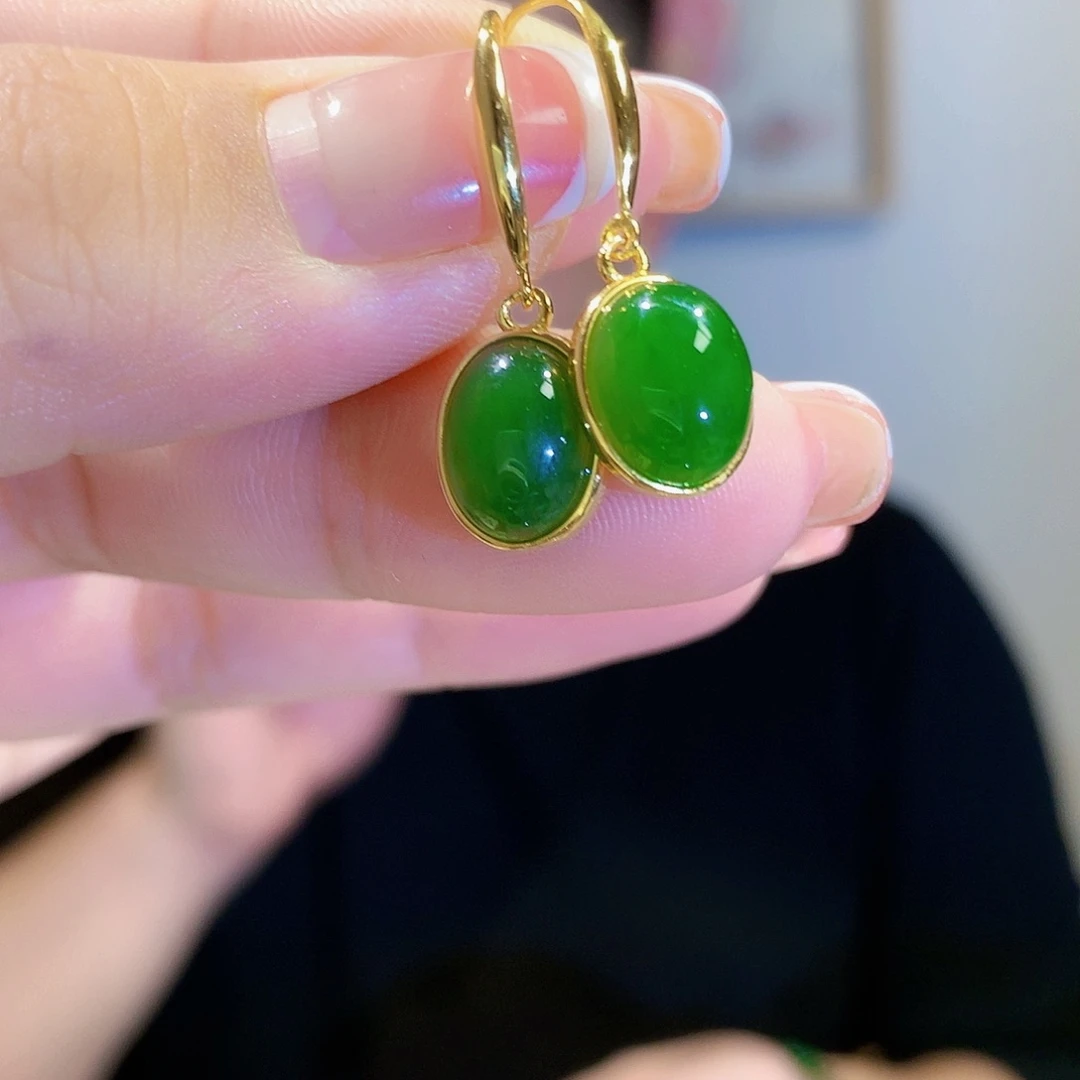 和田玉（碧玉）耳饰银S925镀金镶嵌