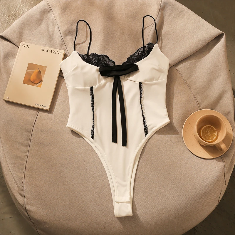 纯欲风辣妹蕾丝拼接蝴蝶结吊带背心女夏季新款修身内搭美背连体衣