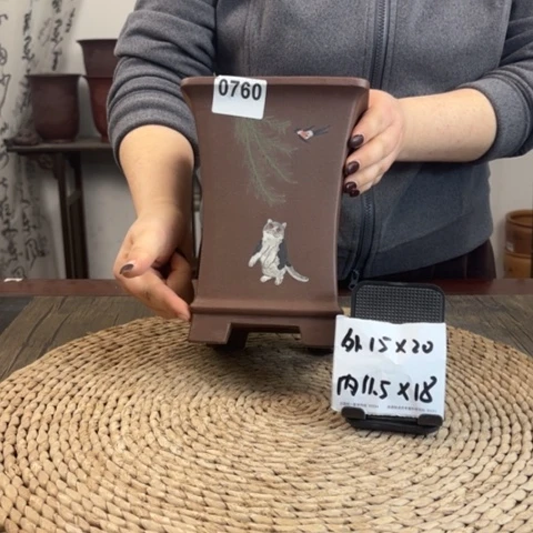 紫砂花盆紫玉金砂妈咪手绘束腰四方0760