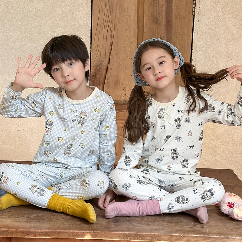 儿童睡衣纯棉莱卡家居服套装秋冬男童长袖秋衣秋裤女童秋衣空调服