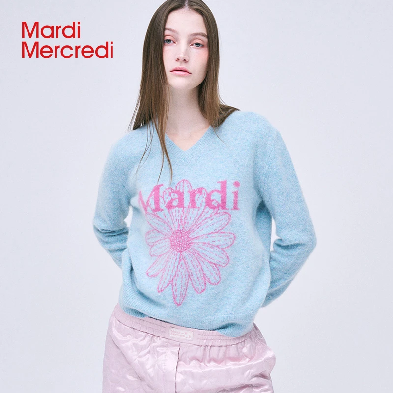 Mardi Mercredi【夏日穿搭】小雏菊提花V领针织衫羊绒毛衣上衣女韩
