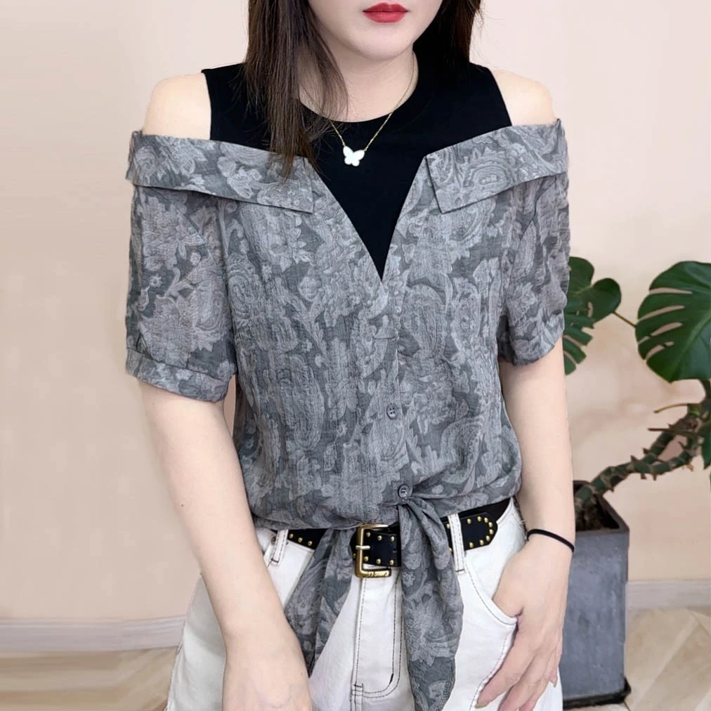 2025春夏款新品时尚百搭修身显瘦露肩设计感个性女士短袖上衣7937