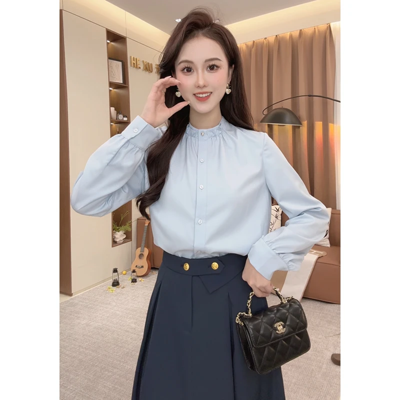 法式学院风减龄小清新蓝色立领衬衫女2025春季新款设计感盐系上衣