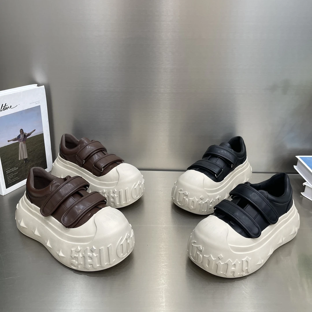 【7厘米】巧克力慕斯秋季真皮7cm魔术贴洋气复古学院松糕鞋小众