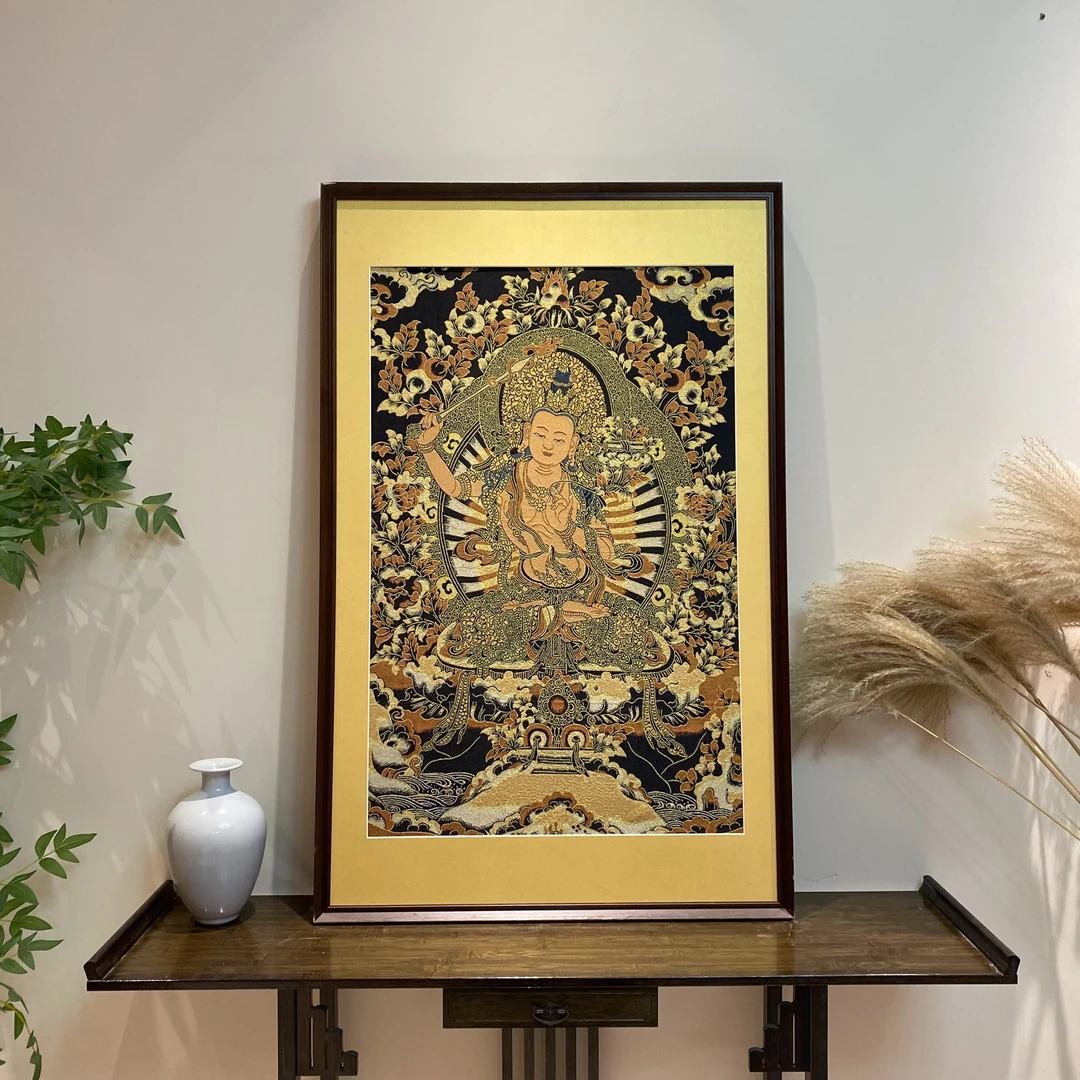 刺绣【文殊普萨】挂画实木装裱办公室玄关茶室书房背景墙装饰画