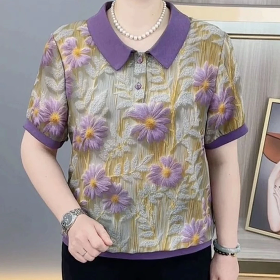 短袖T恤时尚翻领夏季娃娃领洋气中老年女装减龄百搭上衣