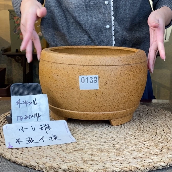 紫砂花盆 微微瑕柴烧大鼓盆0139