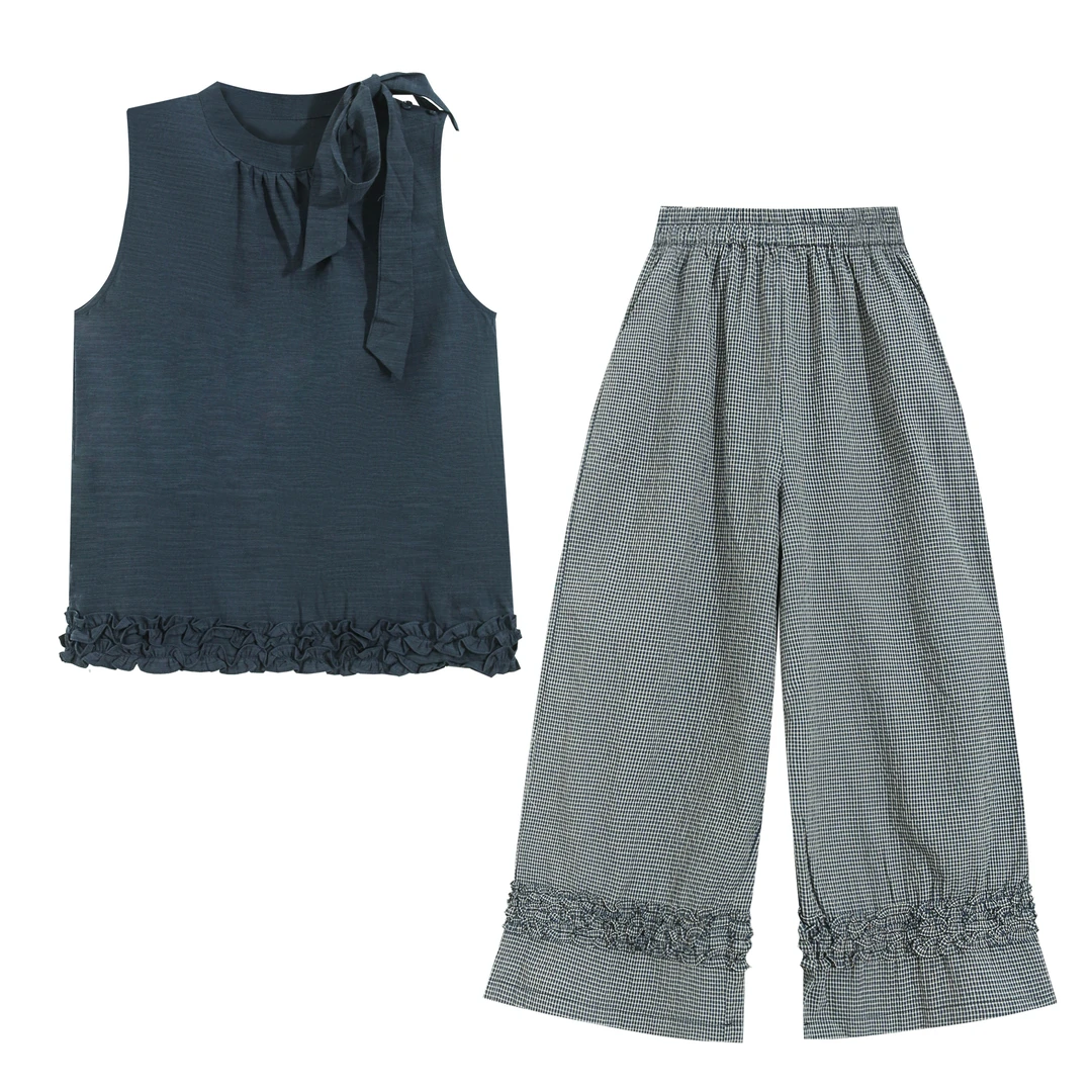 EC原创2025新款设计感时尚显瘦无袖衬衫+格子阔腿裤两件套T9070