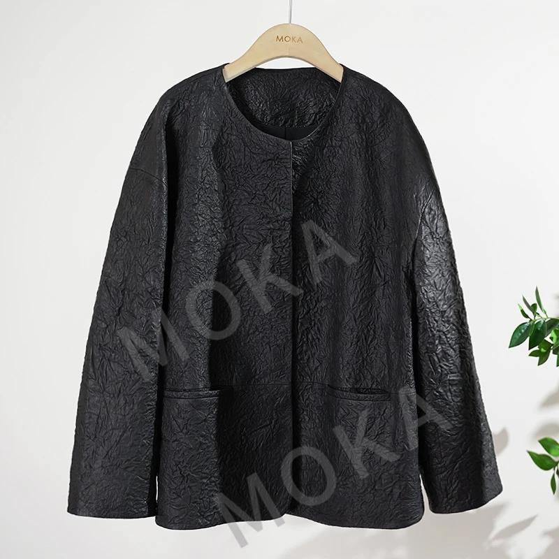 r*ow老钱 纯手工抓皱胎羊绵羊皮女士皮衣外套（241390）20922