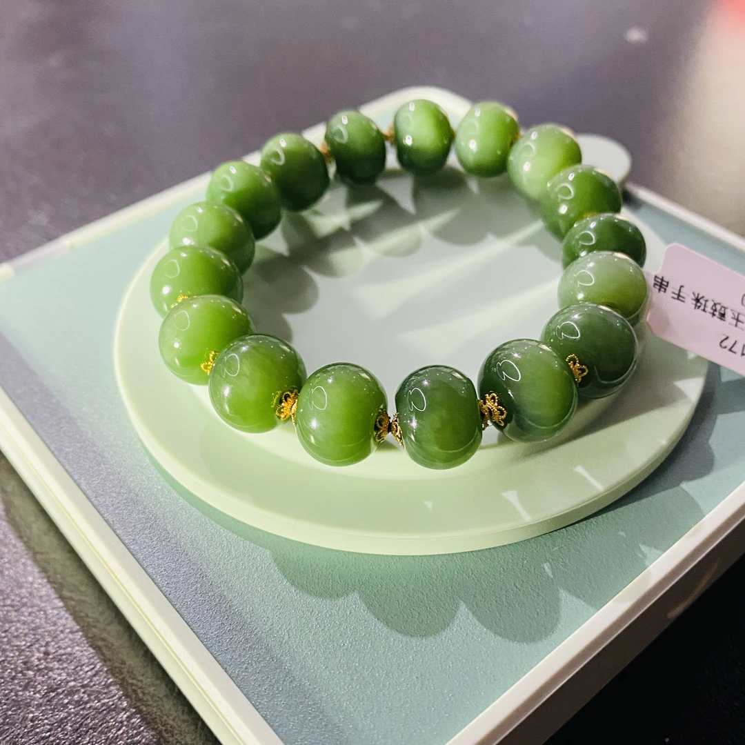 GN12172 和田玉碧玉灯笼珠手串 18K金镶嵌