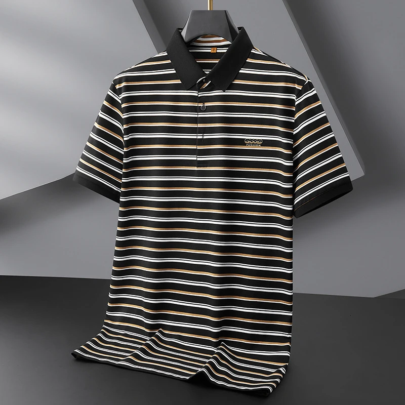 2025夏装时尚翻领短袖T恤加肥加大码男装半袖男士休闲条纹polo衫