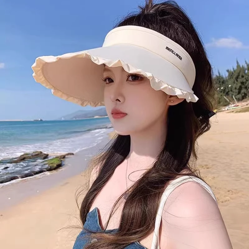 新款2025日系甜美花边冰丝空顶防晒帽大檐防紫外线太阳帽女遮阳帽