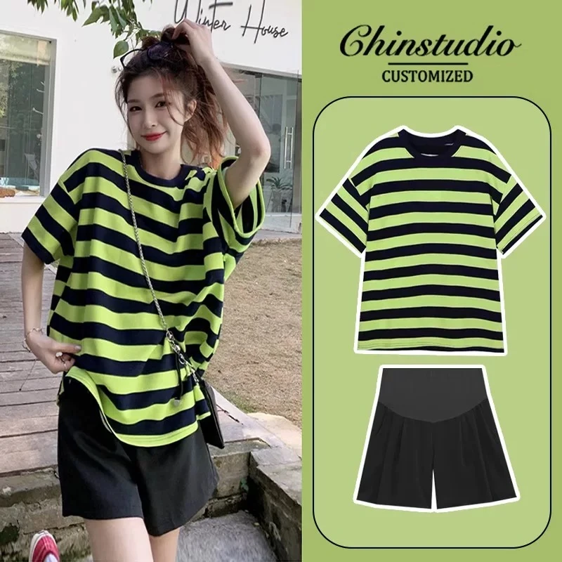 大码孕妇装夏款套装时尚洋气时髦短袖条纹T恤宽松短裤休闲两件套