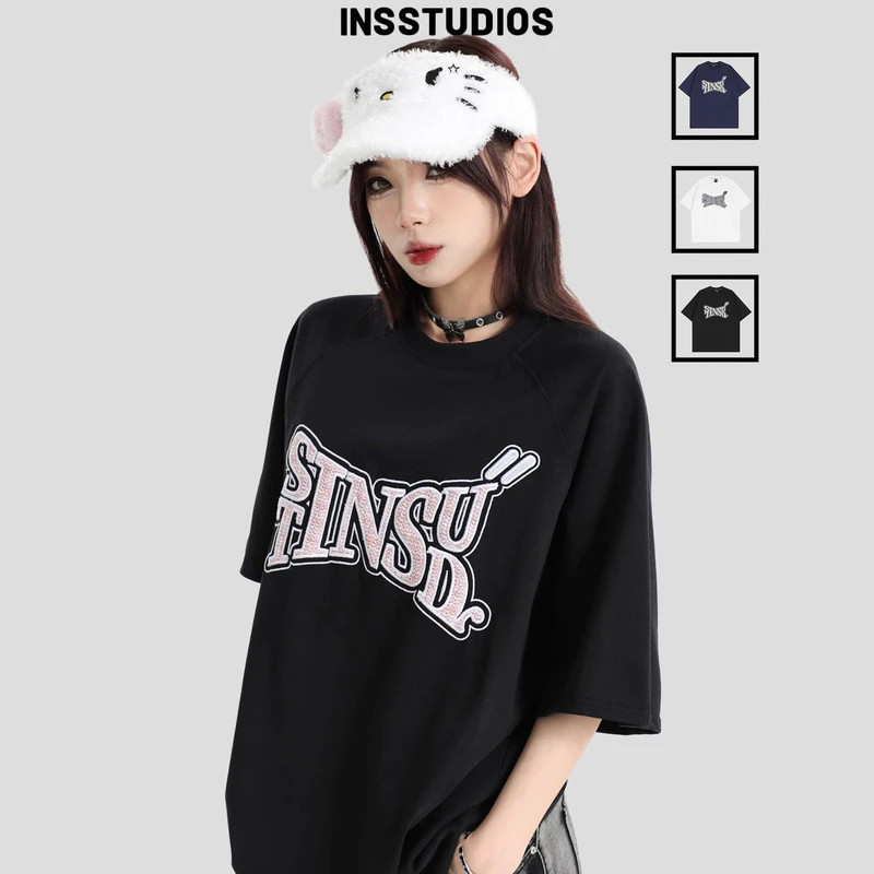 INSstudios国潮牌情侣美式编织贴布刺绣短袖宽松纯棉半袖圆领t恤