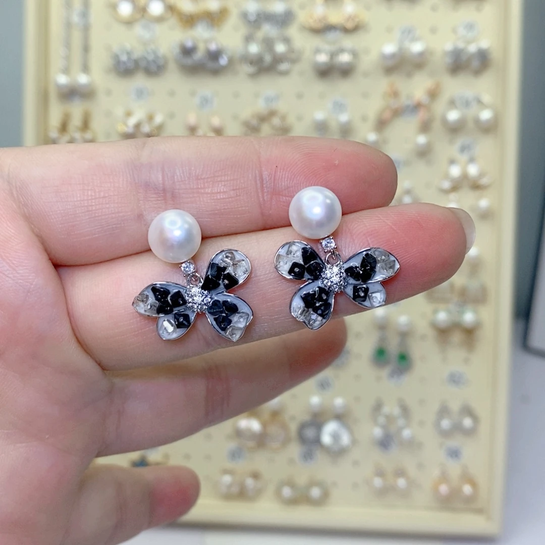 耳饰银S925镶嵌淡水珍珠