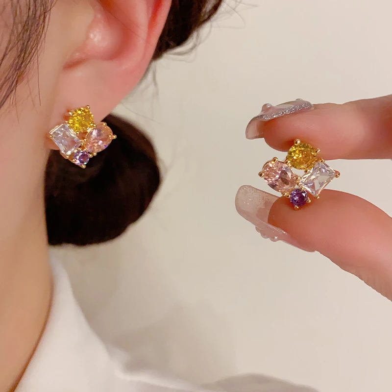 足银合成锆石耳饰 春夏新款耳环小清新彩色几何锆石耳钉高级感