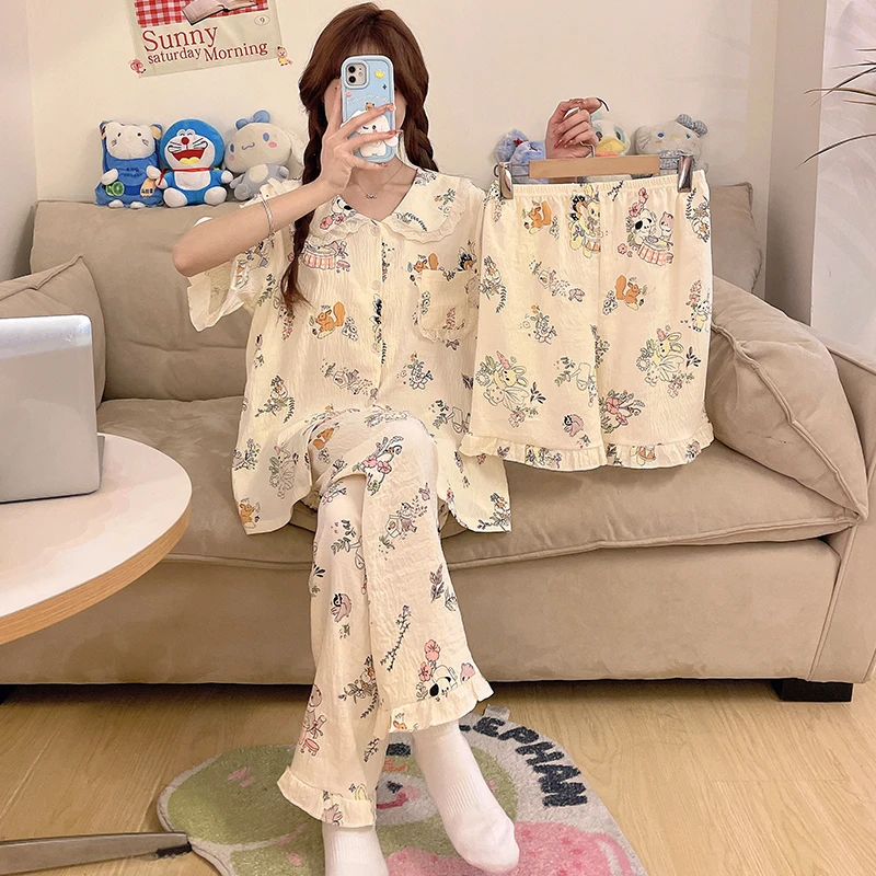 三件套带胸垫睡衣女夏季短袖短裤长裤云朵棉卡通甜美家居服 5347