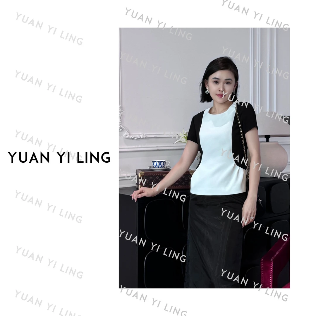 袁艺灵【巴黎画展】25新黑白拼色短袖圆领T恤(不能用蓝yue亮洗衣液)