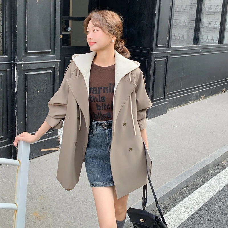 假两件连帽风衣外套女春秋2025新款韩系今年流行英伦风小个子上衣