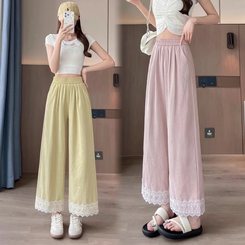 蕾丝花边阔腿裤女宽松夏季薄款九分休闲裤高腰显瘦垂感褶皱直筒裤