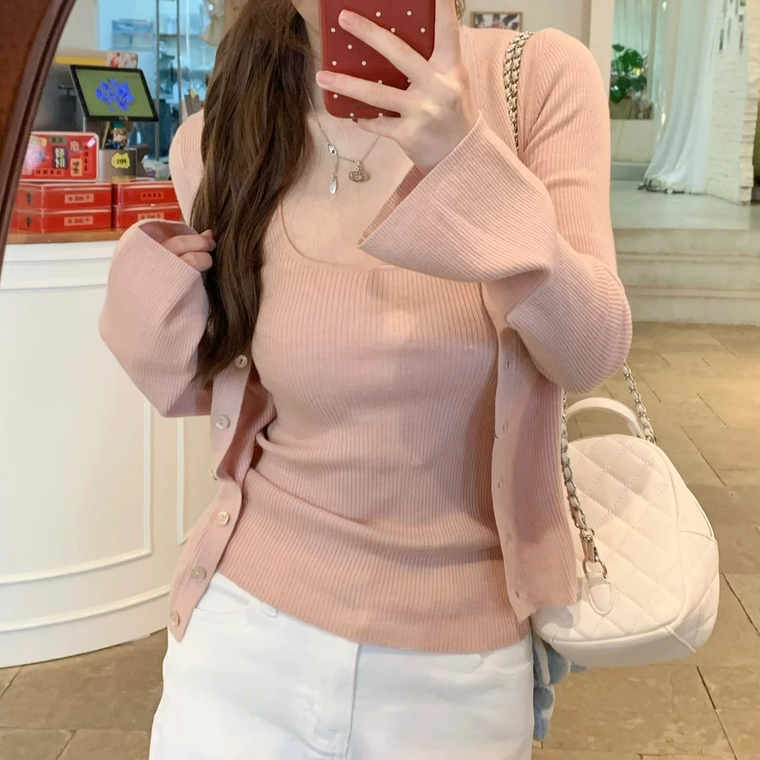 韩系纯欲风粉色针织吊带开衫女ins春季氛围感美女穿搭上衣两件套