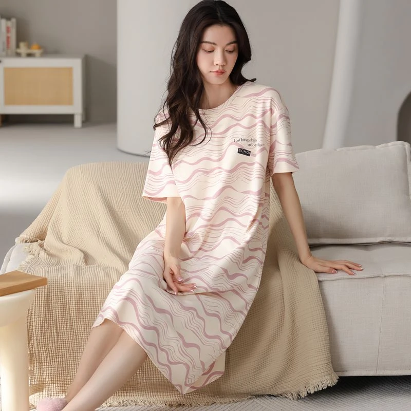 【带胸垫】夏季睡裙女款纯棉短袖中长款连衣裙子亲肤可外穿薄款夏天