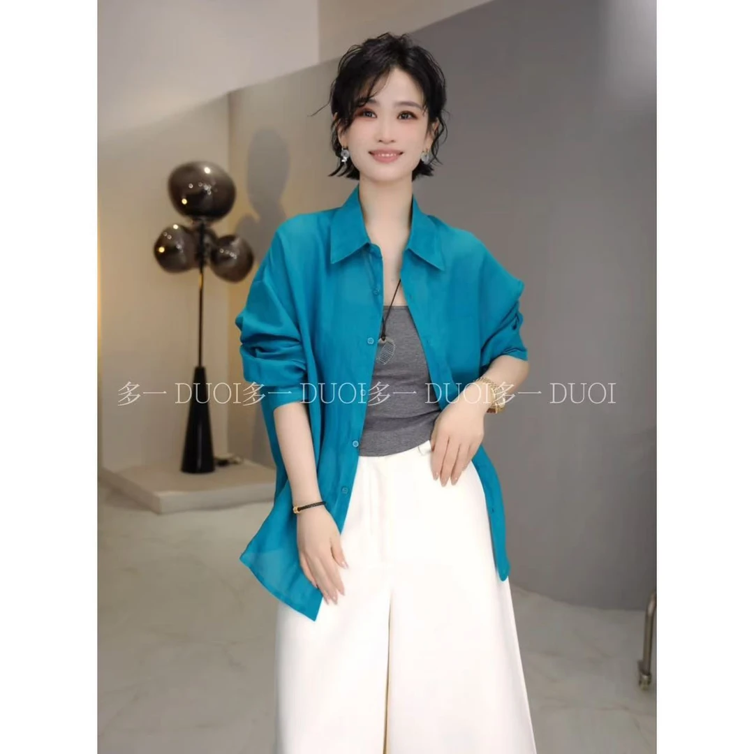 多一“洱海”2025夏季休闲简约法式单排扣宽松松弛感百搭衬衫