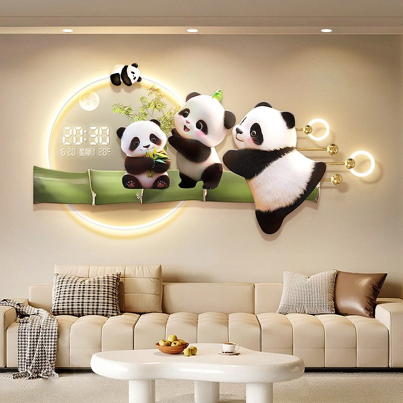 卡通熊猫万年历挂钟沙发背墙装饰画竹子客厅背景墙挂画背景墙壁画