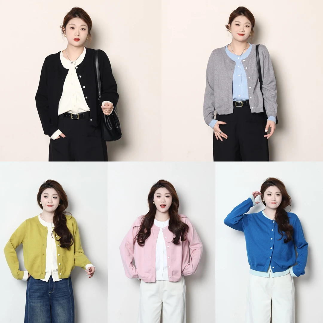 李潇洒【香氛初恋】微胖大码女早春撞色假两件针织开衫 ZY502F36