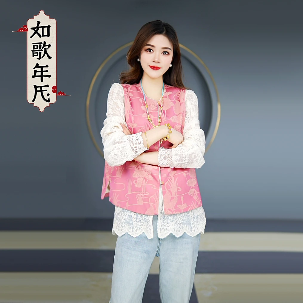 荷塘月色-如歌年代春夏新款提花缎面马甲高档减龄时尚坎肩外套女