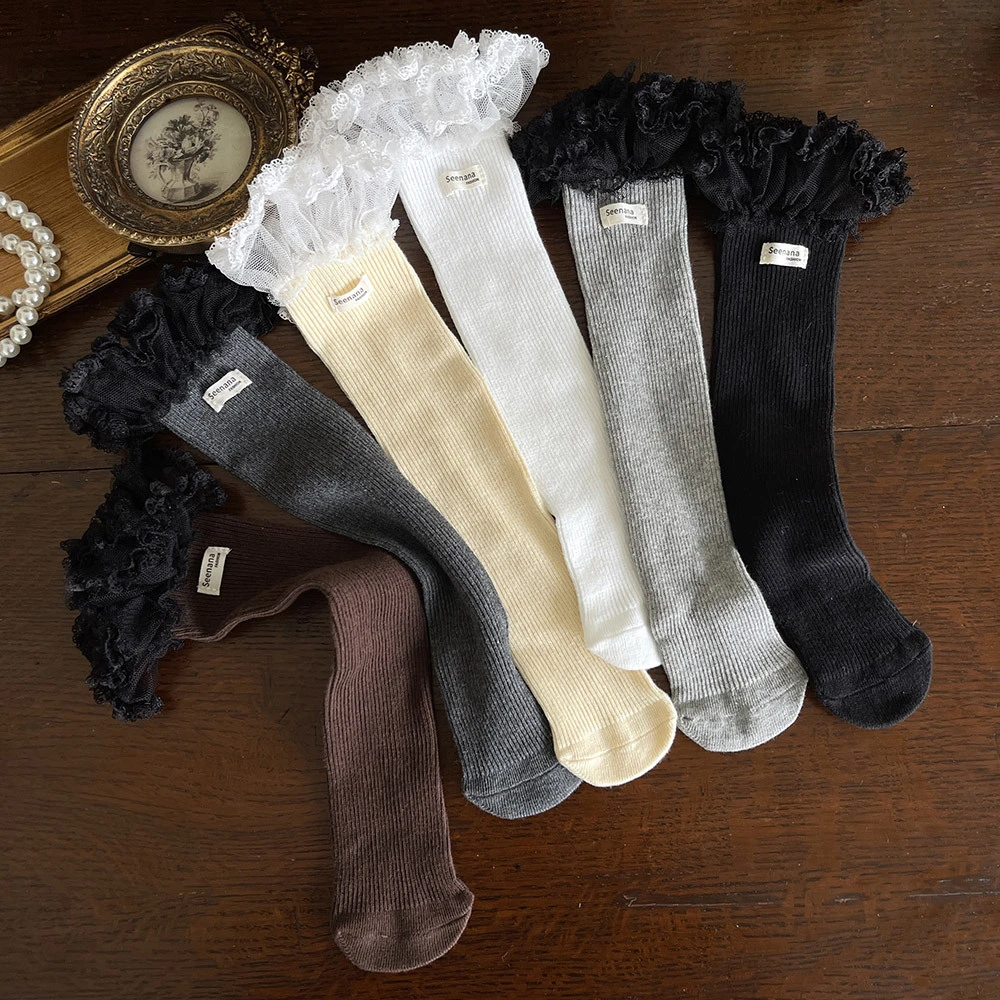 设计师款新品网纱花边字母标韩系女儿童宝宝中筒堆堆袜女