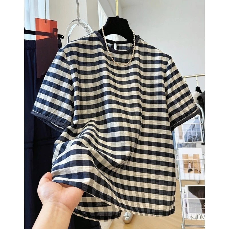 00960韩系复古撞色格子独特漂亮气质小衫女夏季薄款圆领衬衫上衣