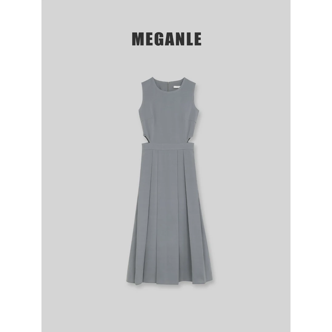 【初见】MEGANLE 法式高级感圆领无袖收腰镂空百褶连衣裙2024154