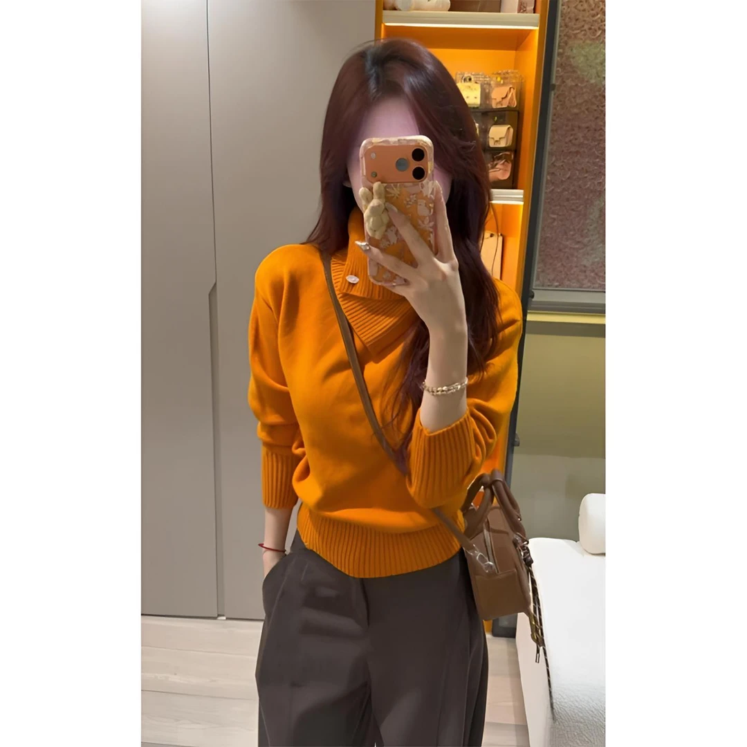 2025新款韩系高领毛衣内搭打底高级感法式不规则慵懒风翻领针织衫