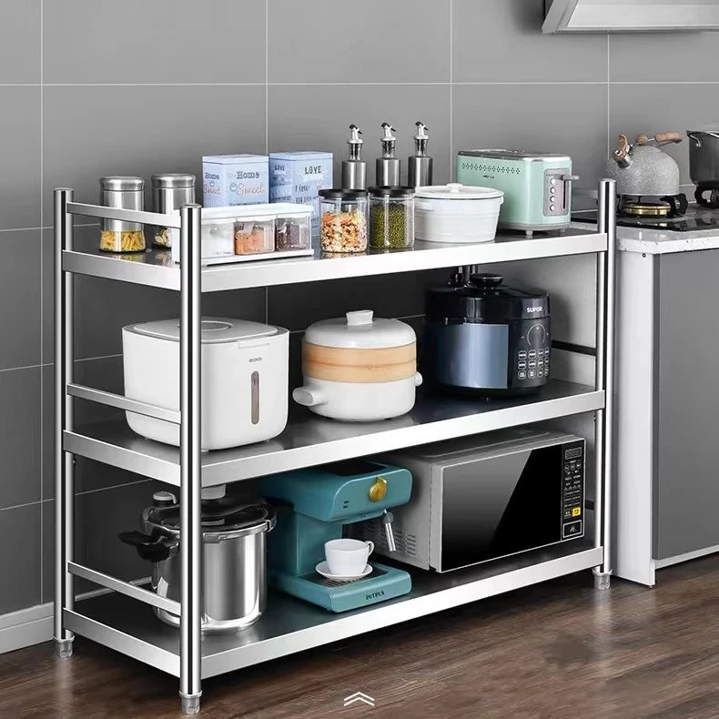 元族【3层带围栏不锈钢】厨房置物架落地多层微波炉烤箱收纳架储