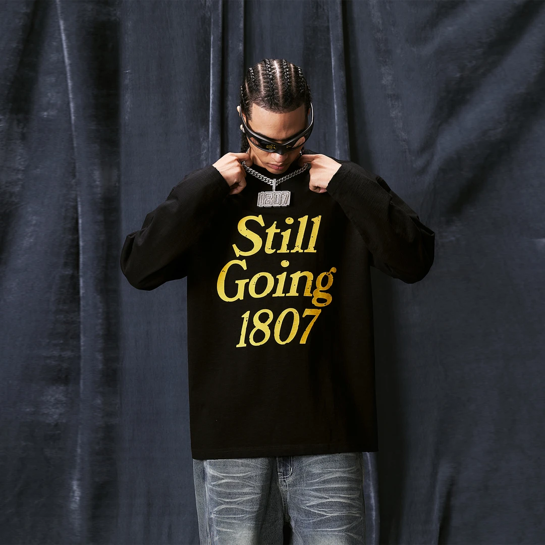 1807STILLGOING系列做旧植绒印花长袖T恤新款美式休闲宽松上衣潮