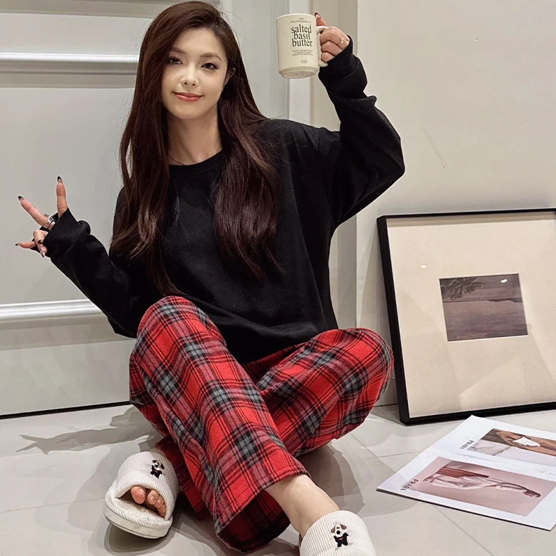 春款新款美式慵懒风格子裤圆领套装睡衣女简约棉套装家居服可外穿